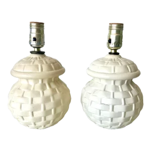Midcentury Petite Basket Weave Ceramic Lamps- a Pair