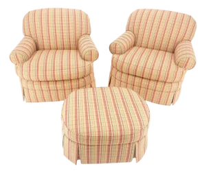 Pair of Mid Century c1970s Striped Upholstery Lounge Chair Matching Ottoman