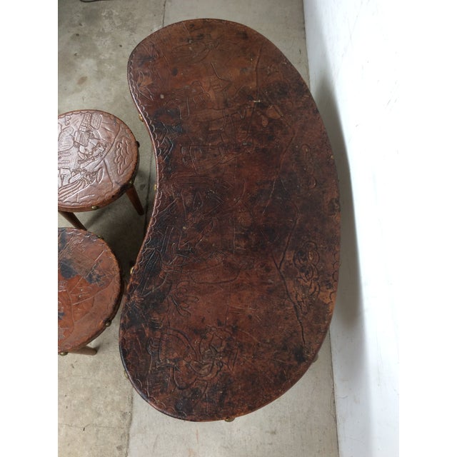 Mid-Century Modern Mid Century Modern Embossed Leather and Teak Coffee Table and Matching Stools For Sale - Image 3 of 18