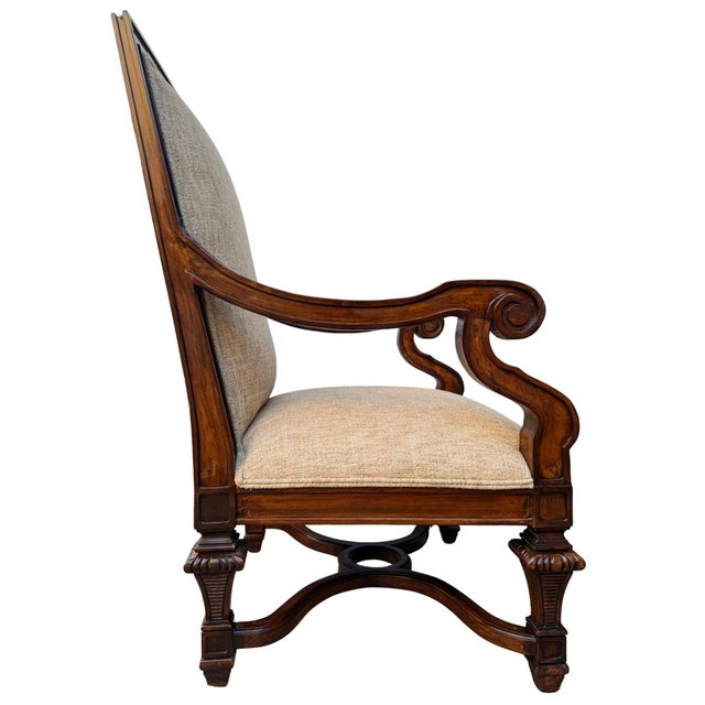 1980s 1980s Neoclassical Hand-Carved Mahogany Armchairs With Rolled Arms & X-Stretcher - A Pair For Sale - Image 5 of 14