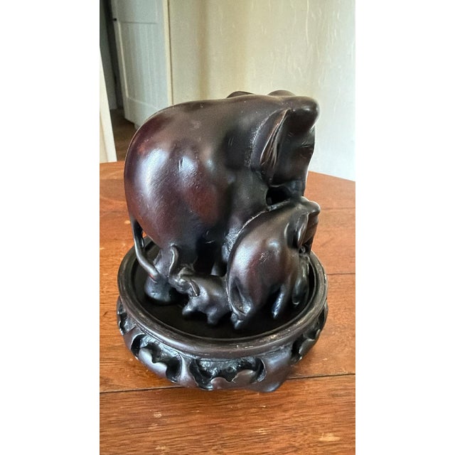 Vintage Hand Carved Elephant Family MCM Dark Wood on Pedastal For Sale - Image 4 of 11