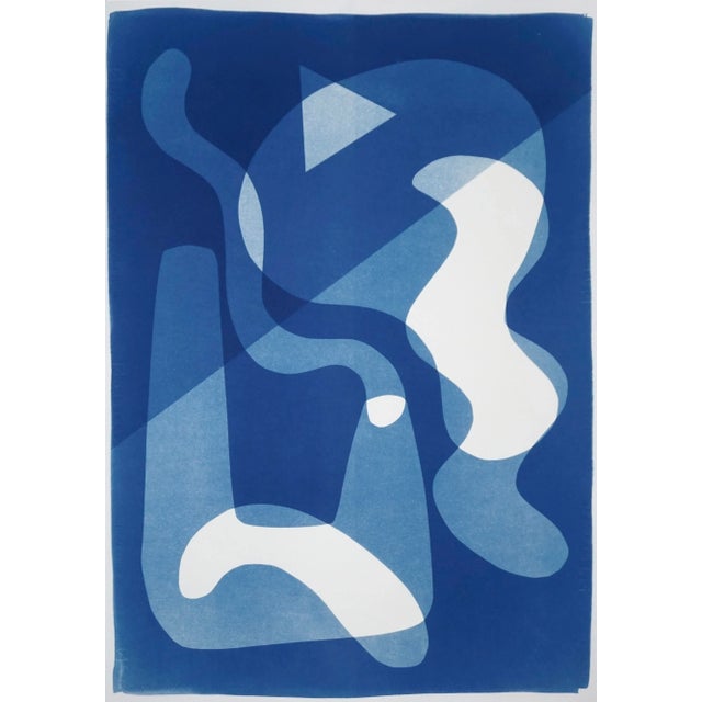 "Retro Futuristic Shapes II" Contemporary Abstract Cyanotype Print on Watercolor Paper For Sale