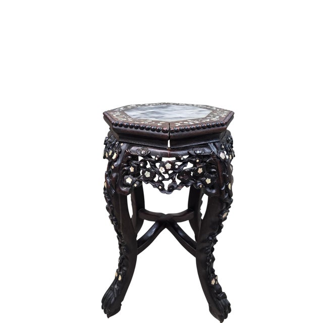 Wood Antique Chinese Carved Side Table With Mother-of-Pearl Inlay For Sale - Image 7 of 7