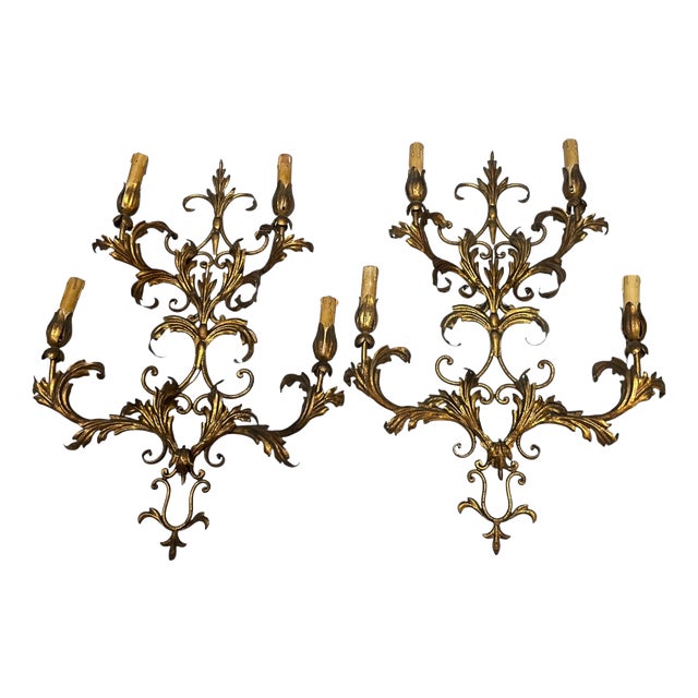 Large Tole Florentine Gold Gilded Sconces, 1960s, Set of 2 For Sale