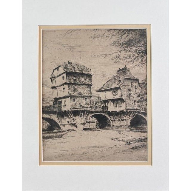 Original Signed Paul Geissler Etching | Historic Brückenhäuser, Bad Kreuznach | German Architectural Art | Circa 1930 A...