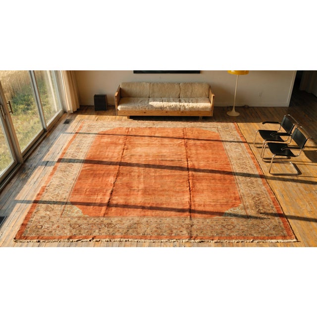 Textile 1890s Orange Solid Rustic Antique Sultanabad Persian Rug 12'4" X 16'0" Handknotted Wool Carpet For Sale - Image 7 of 9