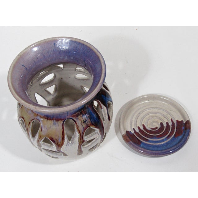 Ceramic Signed Studio Pottery Pierced Luminary Candle Holder With Matching Dish For Sale - Image 7 of 13