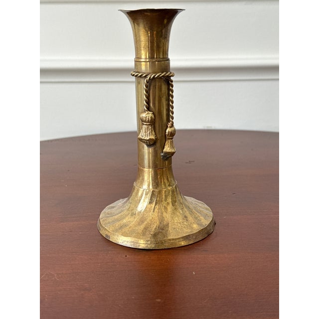 1970s Solid Brass Candle Holders Rope and Tassel Design — A Pair For Sale - Image 9 of 11