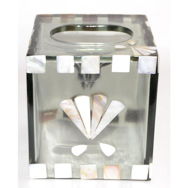 1970s Late 20th Century Coastal Acrylic Mother of Pearl Seascape Tissue Box Cover For Sale - Image 5 of 14
