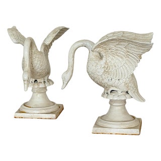 Cast Iron Swan Garden Ornaments with Antique White Finish, 1920-1950 For Sale