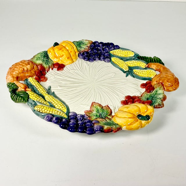 Canary Yellow 1993 Vintage Majolica Arts & Crafts Americana Boho Chic Fitz & Floyd Fall Harvest Platter For Sale - Image 8 of 11