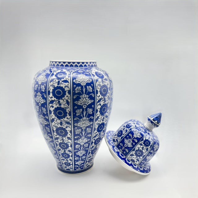 Handmade Ceramic Grand Shah Jar (60cm) Baba Nakkas Style Rumi & Hatayi Blue White Floor Vase For Sale - Image 6 of 7
