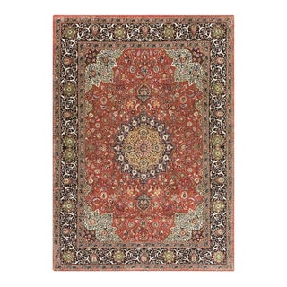 Mid 20th Century Red Rust Ground Medallion Antique Tabriz Handknotted Wool Rug For Sale