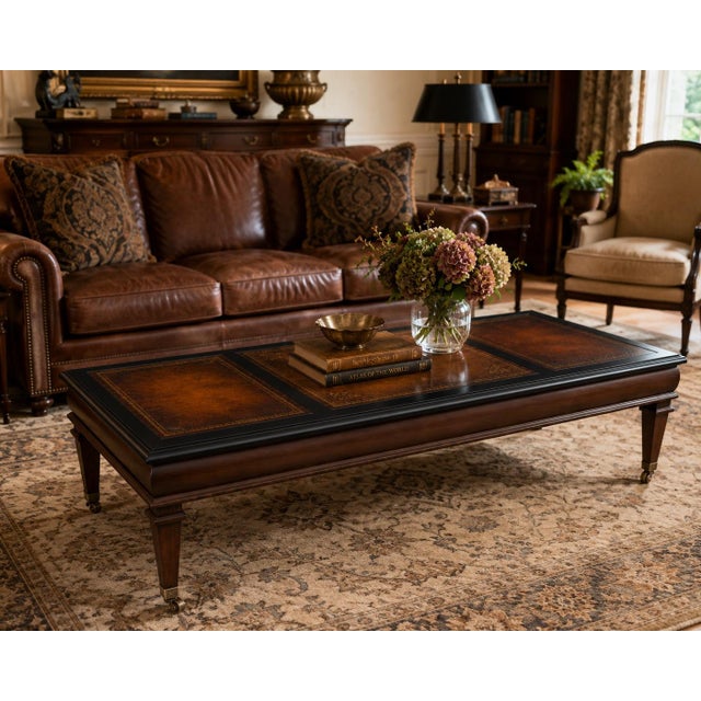 English Vintage Three-Panel Leather Top Cocktail Table in Onyx Black & Satin Walnut For Sale - Image 3 of 3