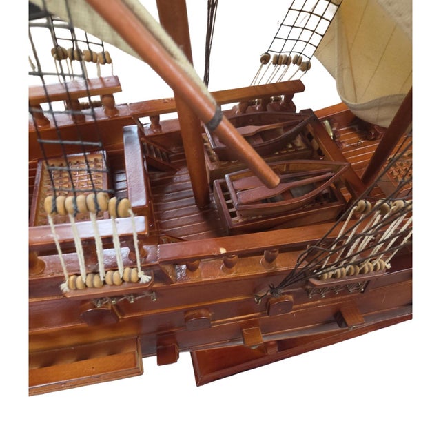 Large Handcrafted Wooden Three-Masted Sailing Ship Model With Cloth Sails For Sale - Image 4 of 12