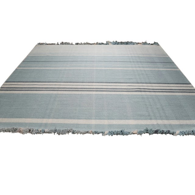 10x14 Opulent Majestic Blue Geometric Modern Flatweave Wool Carpet Rug For Sale - Image 4 of 10