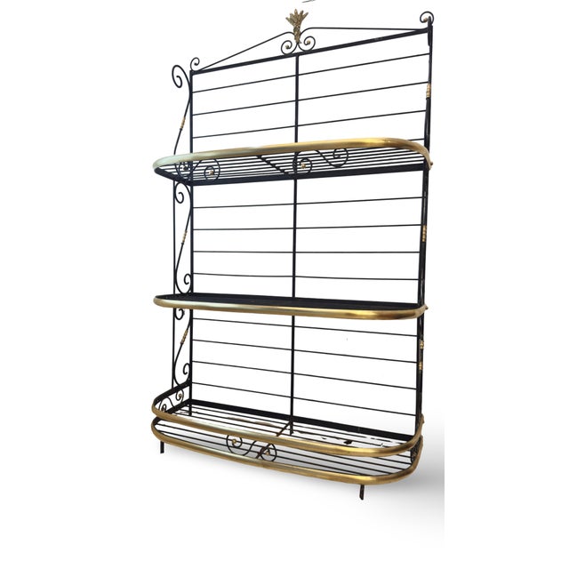 Art Deco French Bakers Rack: Three-Tiered Etagere in Wrought Iron & Brass, 1930s For Sale - Image 4 of 8