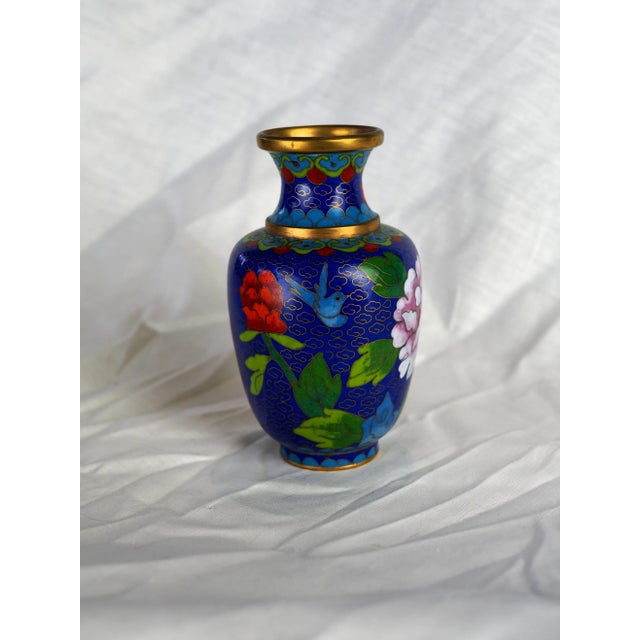 Mid-Century Chinese Blue Floral Bird Cloisonne Vase For Sale - Image 9 of 12