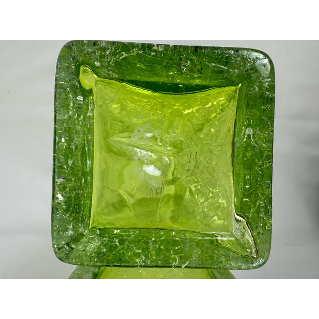 Art Glass MCM Vibrant Green Vintage Crackle Finish Rectangular 10" Vases-Pair! For Sale - Image 9 of 10