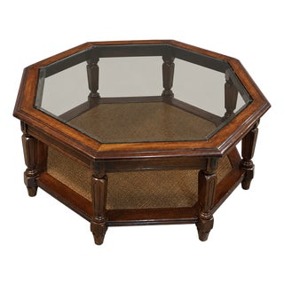 Vintage Hexagonal Wood, Smoked Glass and Cane Coffee Table For Sale