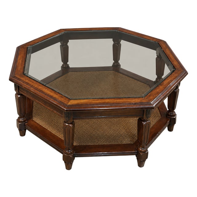 Vintage Hexagonal Wood, Smoked Glass and Cane Coffee Table For Sale