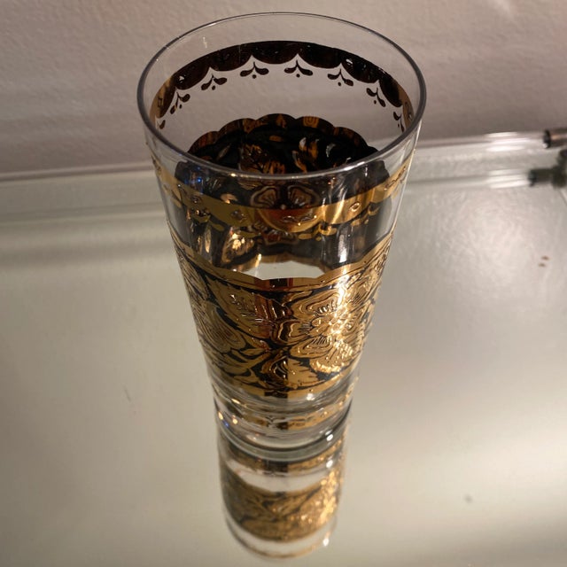 Mid-Century Modern Set of 4 Georges Briard Gold and Black Floral Collins/ Highball Glasses For Sale - Image 3 of 4