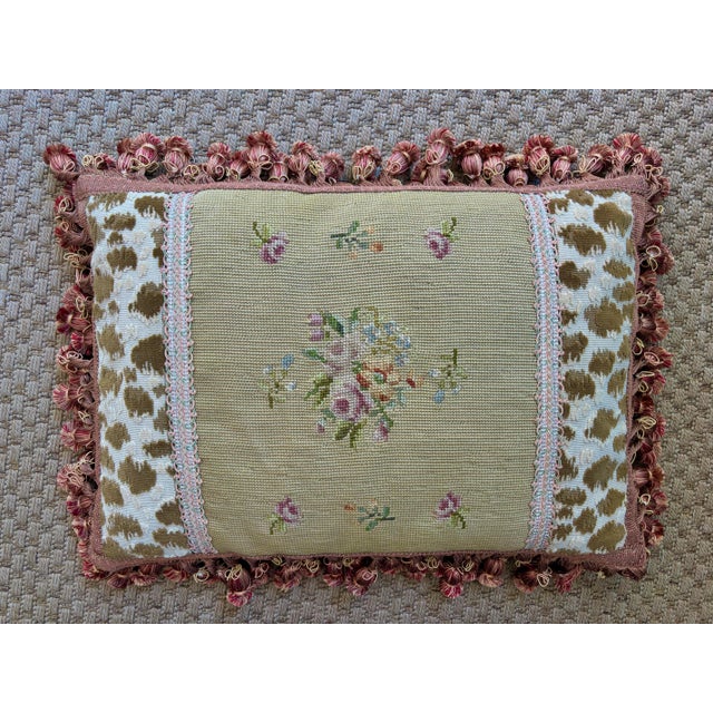 Textile French Aubusson Style Needlepoint Pillow With Pom Pom Fringe For Sale - Image 7 of 7