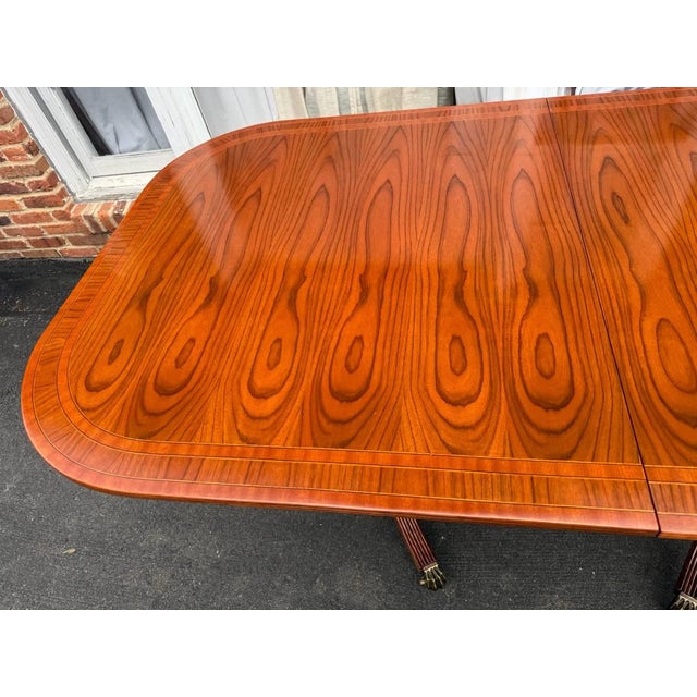 Vintage George III Style Cross-Banded Top Double Pedestal Inlaid Dining Table With Leaves For Sale - Image 16 of 17