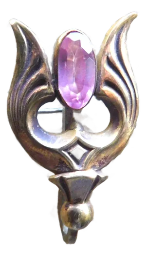 Antique Art Nouveau Gold-Filled Pocket Watch Pin, Pink Faceted Stone, C. 1900-1910