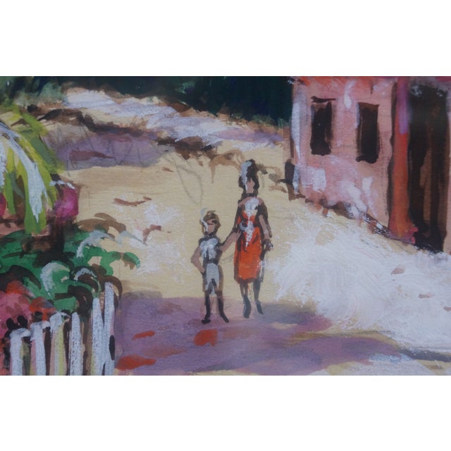 Late 20th Century Talbot Tropical Caribbean Garden Village Watercolor on Silk Painting 27" For Sale - Image 9 of 9