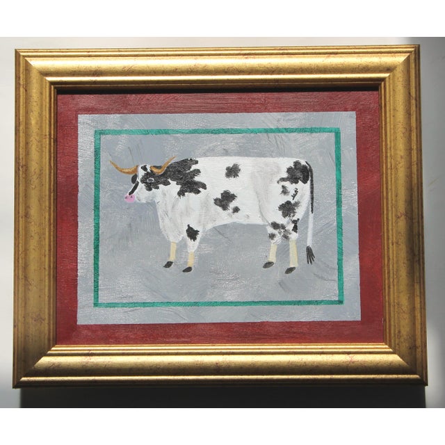 Black and white bull cow, on gray ground, forest green and burgundy border. Americana, Realism , Folk Art, English...