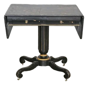 19th Century Ebonized Chinoiserie Pedestal Occassional Table Drop Leaves