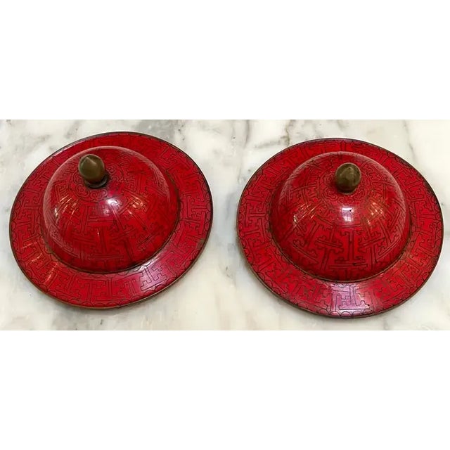 Mid 20th Century Mid 20th Century Chinese Modernist Red Cloisonné Ginger Jars and Stands, Circa 1960s - a Pair For Sale - Image 5 of 12