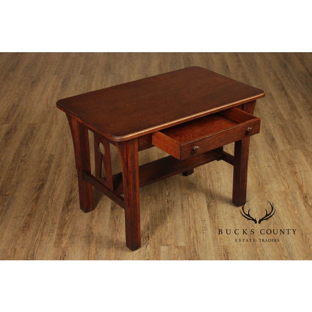 Antique Mission Oak Arts & Crafts Writing Desk With Drawer And Cutout Sides For Sale - Image 12 of 18