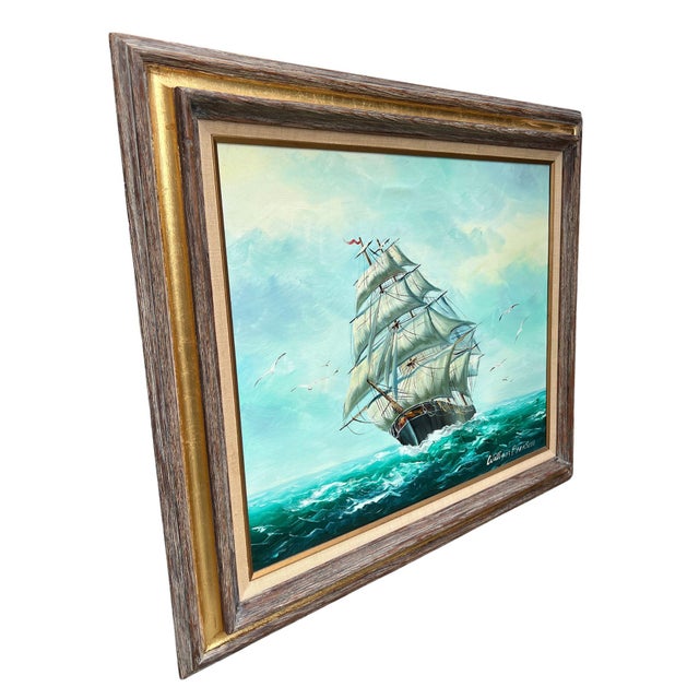 Traditional Mid 20th Century Original Oil Painting of Clipper Ship at Sea in Carved Gilt Frame, Signed Bransom For Sale - Image 3 of 16