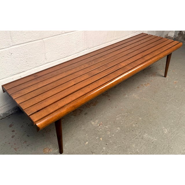 Lovely Mid-Century Modern Walnut Slat Bench For Sale - Image 16 of 16
