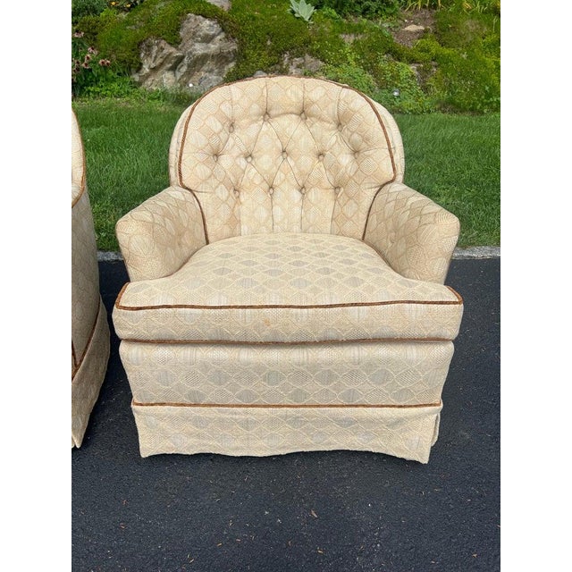 Pair of Tufted Button Back Swivel Chairs in a Cream Color With Brown Piping For Sale - Image 12 of 18