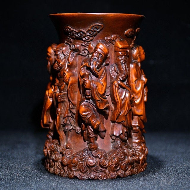 Art Deco Late 20th Century Finely Carved Boxwood Eight Immortals Pen Holder For Sale - Image 3 of 8