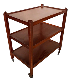 Mid-Century Three-Tier Wooden Drinks Trolley on Castors