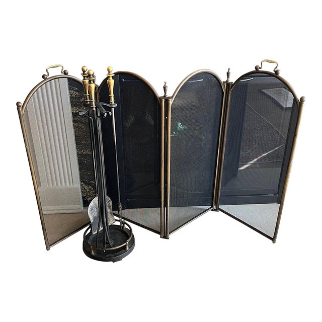 Vintage Wrought Iron, Wire and Brass Fireplace Set—5 Piece Set For Sale