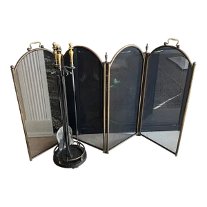 Vintage Wrought Iron, Wire and Brass Fireplace Set—5 Piece Set