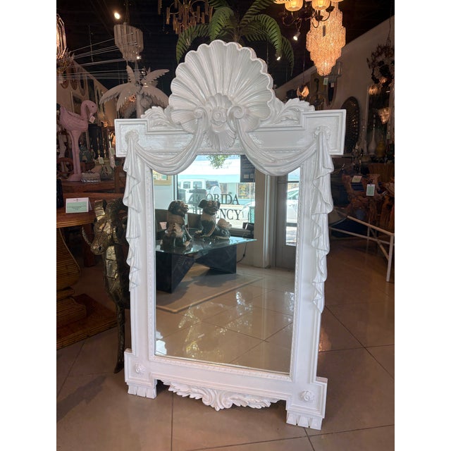 Hollywood Regency Vintage Palm Beach Shell Draped White Lacquered Wall Mirror Pair Available For Sale - Image 3 of 12