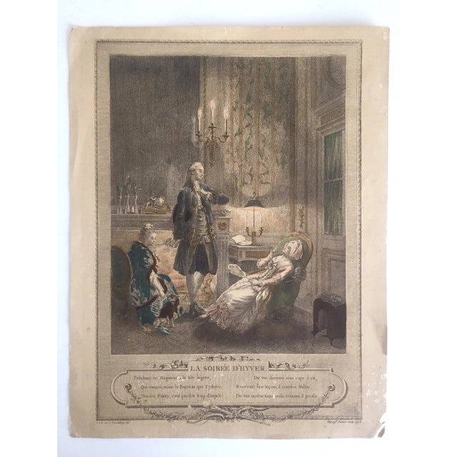 Antique 1774 Freudenberger " La Soiree D' Hyver " Hand Painted French Engraving Art Print For Sale - Image 11 of 11