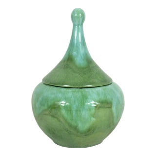 Mid Century Modern Ceramic Trinket Box Hand Made in Canada Aqua Blue Turquoise Green For Sale