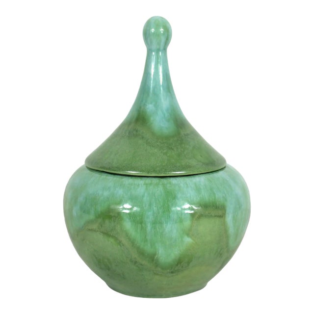 Mid Century Modern Ceramic Trinket Box Hand Made in Canada Aqua Blue Turquoise Green For Sale