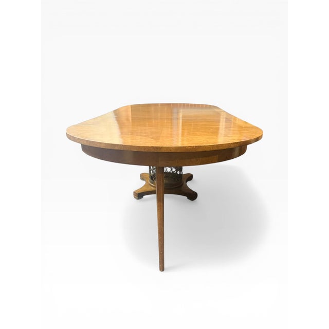 Hollywood Regency 1960s Mastercraft Burl Wood Expandable Round Dining Table With Brass Pedestal Base and Three Leaves For Sale - Image 3 of 12