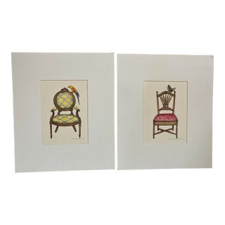 Pair of Original Water Color Chairs by Dora McDaniel With Mattings. For Sale