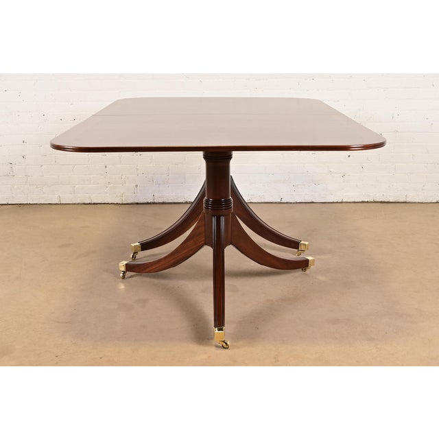 Baker Furniture Style Georgian Banded Mahogany Double Pedestal Extension Dining Table, Newly Refinished For Sale - Image 12 of 13
