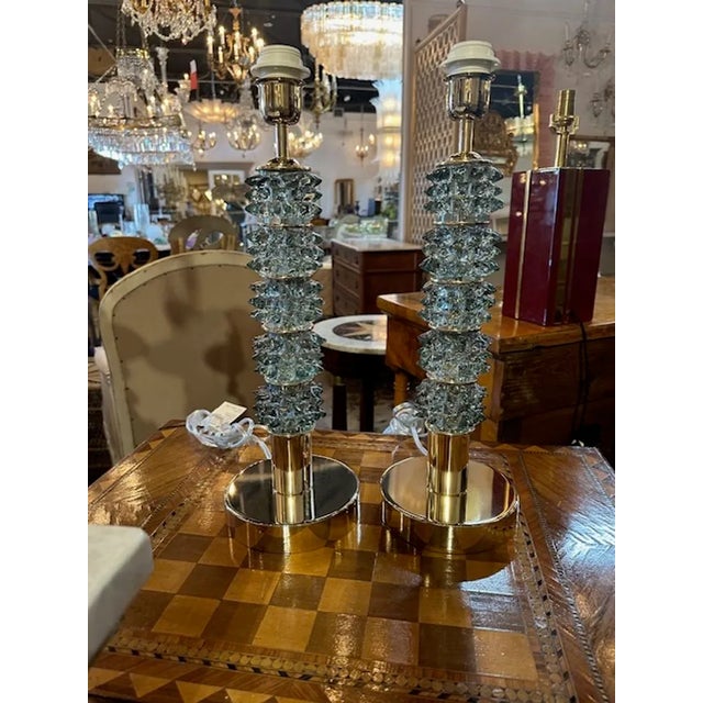 Pair of Murano "Rostrada" glass and brass lamps in Fontana green, Circa 2000. Perfect for today's transitional designs!