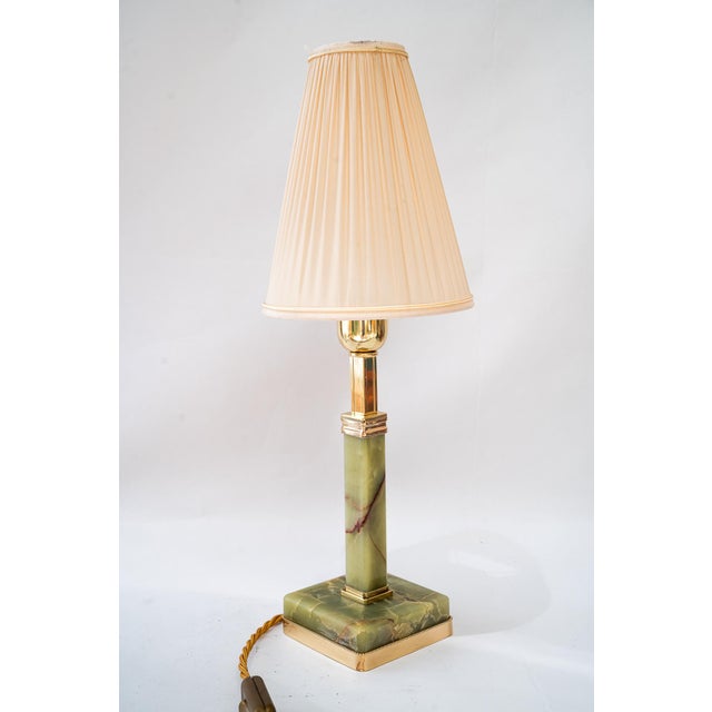 Art Deco Jade Table Lamp with Brass and Fabric Shade, 1920s For Sale - Image 6 of 18